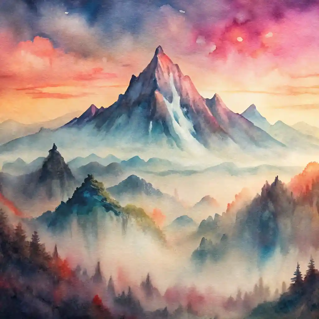 Mountains at dawn with soft watercolor edges