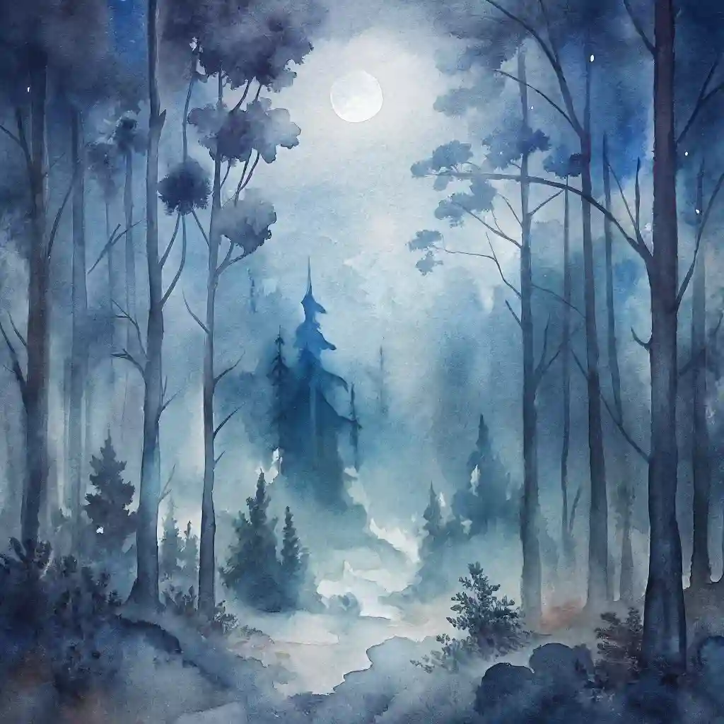 Ethereal forest scene with misty watercolor washes