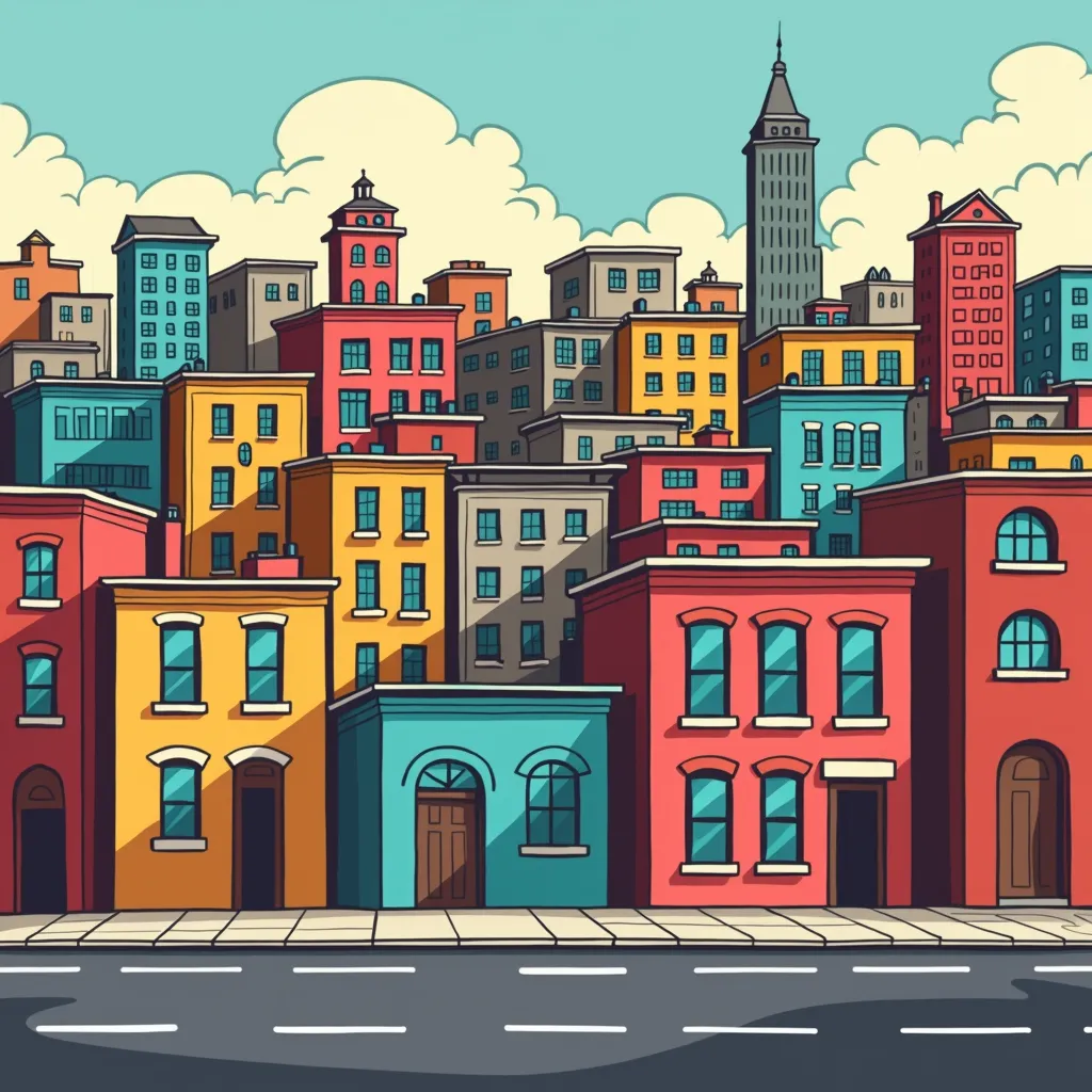 Cityscape with vibrant flat color treatment