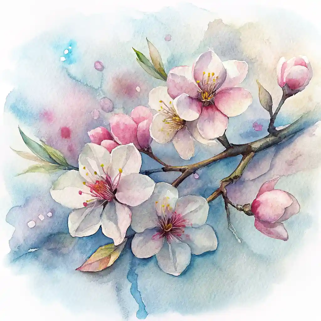 Translucent cherry blossoms with luminous watercolor layers