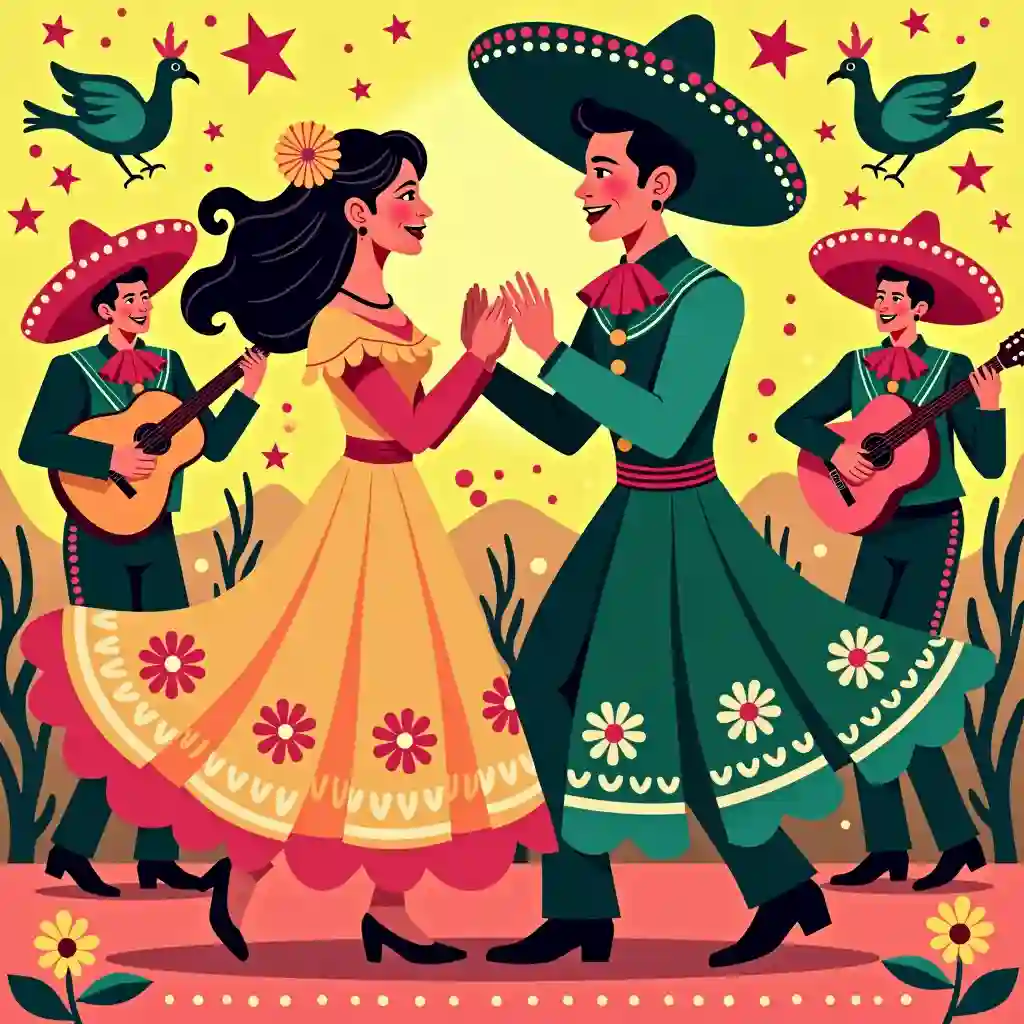 Stylized figures in traditional folk art style