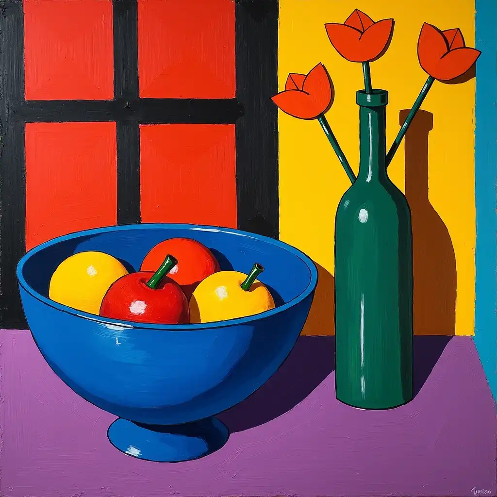 Subject rendered with simplified forms and strong outlines