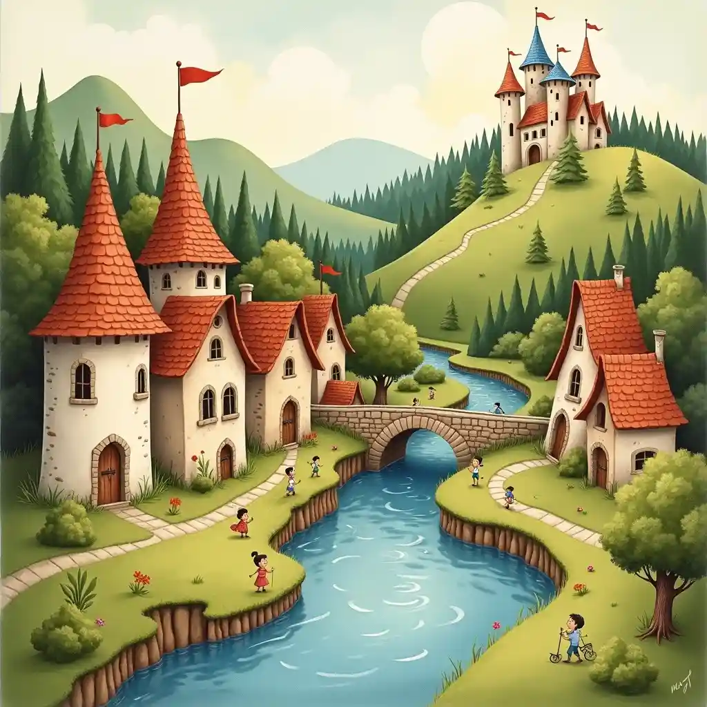 Classic storybook composition with narrative flow