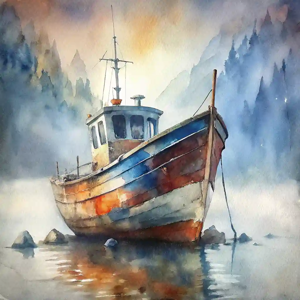 Harbor boat with expressive watercolor brushstrokes