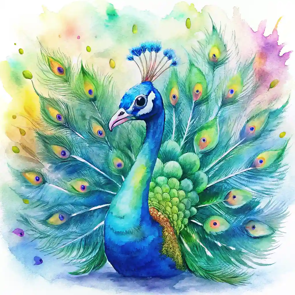 Peacock feathers in rich, flowing watercolor hues