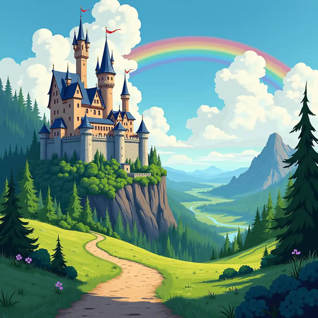 Detailed painted background with fantasy elements