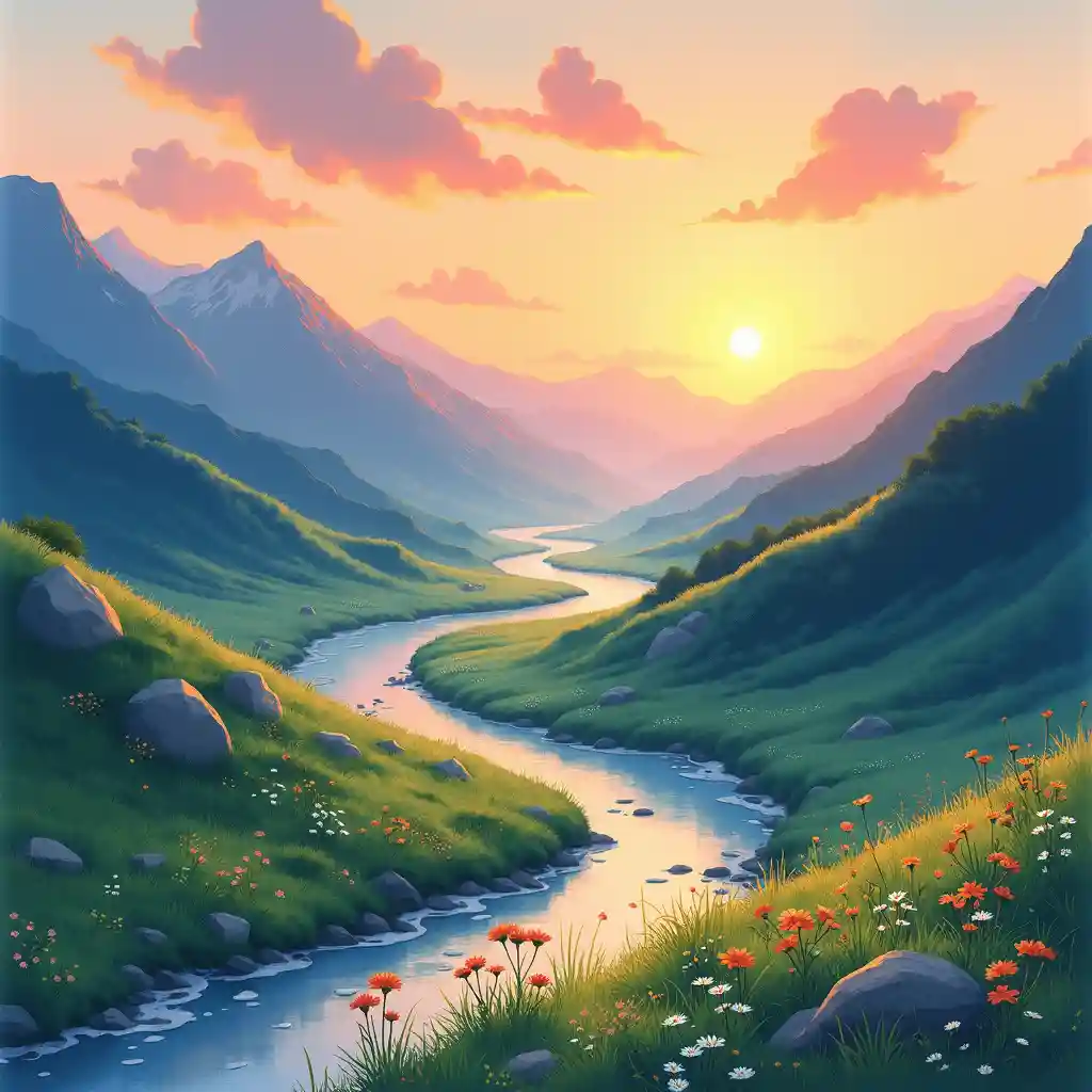 Lush watercolor landscape with atmospheric perspective