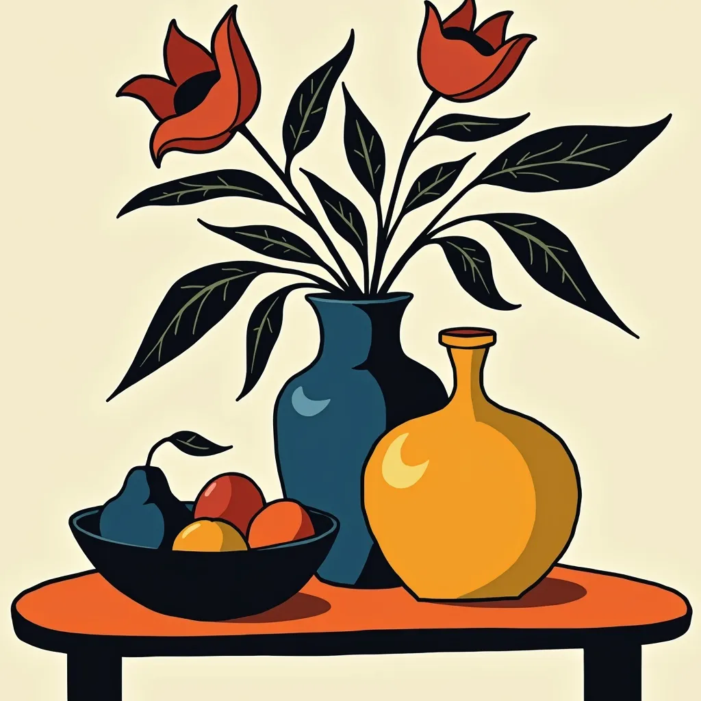 Composition with simplified, deliberate outlines